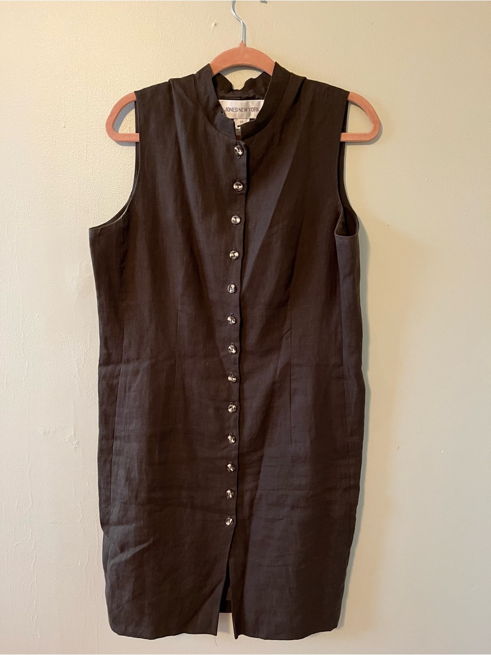 Jones New York Sleeveless Olive  Green Button-Front Midi Dress 100% linen shell